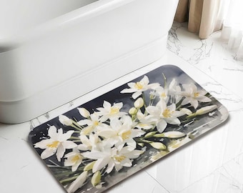 Paperwhite Bath Mat, Pink Floral Non Slip Memory Foam Mat, Daffodil Flower Print Bathroom Mat, Unique Home Accent Decor