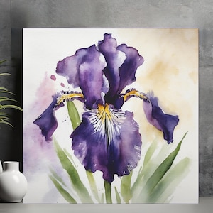 Purple Iris Flower Canvas Wall Art, Iris Flowers Watercolor Painting Print, Ready to Hang Home Decor, Minimalist Floral Brush Artwork Gift
