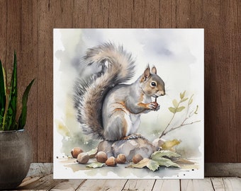 Grey Squirrel Painting Wall Art | Forest Creatures Watercolor Print Canvas | Minimalist Squirrel Home Decor | Ready to Hang Canvas Art Print