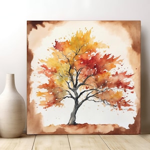 Fall Maple Tree Wall Art, Autumn Vibe Watercolor Print Canvas, Minimalist Fall Maple Tree Art Home Decor, Ready to Hang Canvas Art Print