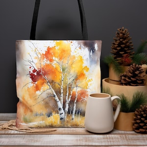 Herbst Aspen Baum Gemälde Einkaufstasche, Herbst Vibe Kunst Umweltfreundliche Einkaufstasche, Minimalistische Baum Kunst Buchtasche, Wochenendtasche, Pool-Tasche