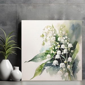 May Birth Flower Wall Art, Watercolor Print on Gallery Canvas, Lily of the Valley Flower Painting Art, White Home Accent Decor Birthday Gift