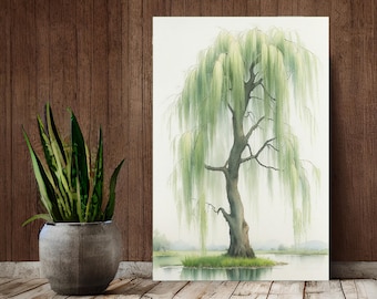 Weeping Willow Watercolour Painting Print on Canvas Gallery Wraps, Willow Tree Painting Wall Art Home Accent Decor, Willow Watercolour Print