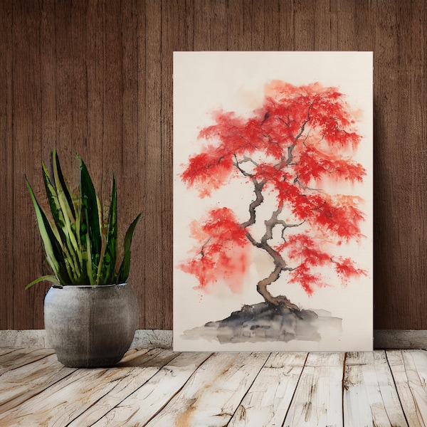Red Maple Watercolour Painting Print on Canvas Gallery Wraps, Maple Tree Wall Art Home Accent Home Decor, Red Maple Tree Watercolour Print