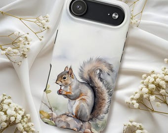 Cute Squirrel with Nut Tough Phone Case, Squirrel Art Phone Cover, Case for iPhone 17 16 15 14 13 12 11 Samsung S25 S24 S23 S22 S21 Models