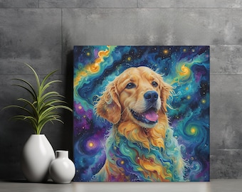 Starry Night Golden Retriever Wall Art, Van Gogh Inspired Canvas Print, Unique Goldie Home Decor, Dreamy Galaxy Stars Goldie Art Gift