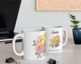 Personalized June Birthday Mug, Custom June Birth Flower Rose Ceramic Cup, Summer Birthday Gift, Unique Floral Coffee Cup, Gift for Him Her