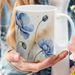 Custom Blue Himalayan Poppy Flower Art Ceramic Coffee Mug, Watercolor Blue Floral Print Mug, Personalize Brush Artwork Blue Floral Tea Cup
