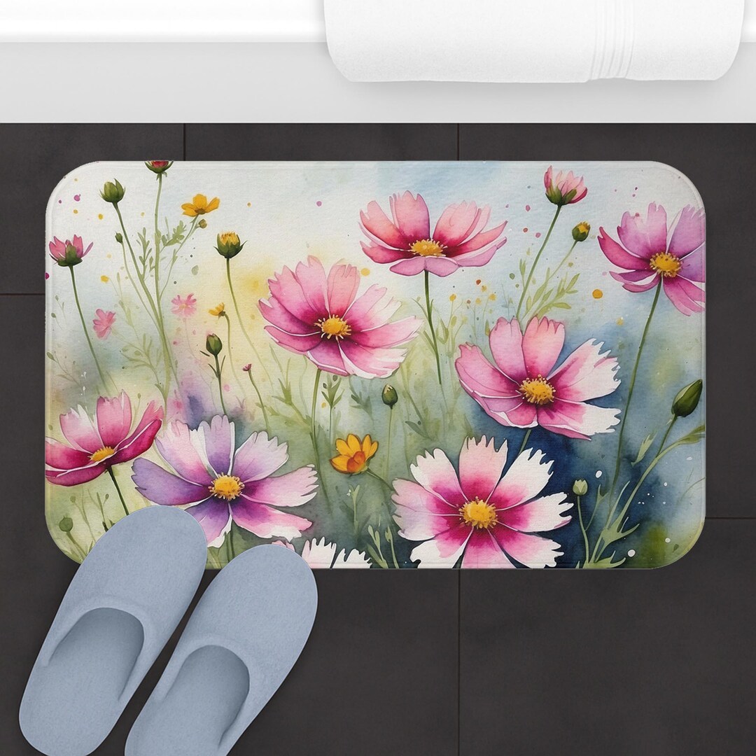 Watercolor Cosmos Bath Mat, Pink Floral Anti Slip Memory Foam Mat ...