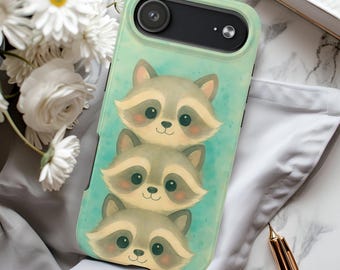 Funda resistente para teléfono con diseño de mapache apilado, funda para teléfono con pintura de mapache, funda resistente para iPhone 17 16 15 14 y modelos Samsung S26 S25 S24 S23