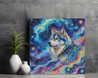 Starry Night Alaskan Malamute Wall Art, Van Gogh Inspired Canvas Print, Unique Malamute Home Decor, Dreamy Galaxy Stars Malamute Art Gift