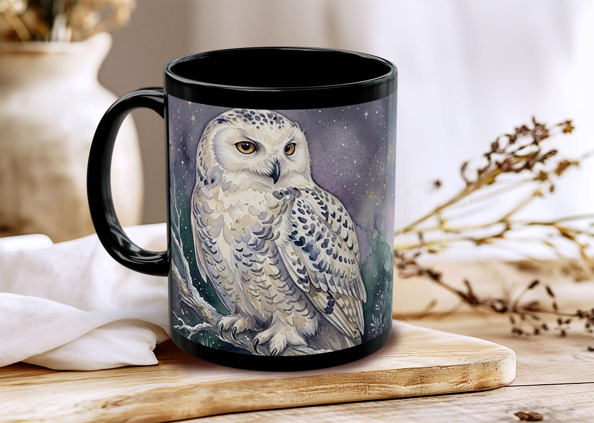 Custom Celestial Snowy Owl Mug, Starry Night Crescent Moon Black Coffee Cup, Watercolor Woodland Owl