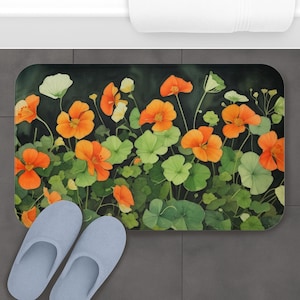 Tapis de bain fleur d'oranger, tapis de salle de bain antidérapant capucine orange, tapis de sol à imprimé floral, décoration de salle de bain unique, cadeaux de pendaison de crémaillère