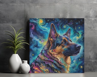 Starry Night GSD Wall Art, Van Gogh Inspired Canvas Print, Unique German Shepherd Home Decor, Dreamy Galaxy Stars German Shepherd Art Gift