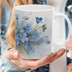 Custom Blue Forget Me Not Flower Art Ceramic Coffee Mug, Watercolor Blue Flower Print Name Mug, Personalize Brush Artwork Floral Tea Cup