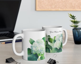 Personalized Green Hydrangeas Flower Ceramic Mug, Collectible Colours of the Rainbow Flower Mug, Customize Watercolour Floral Print Cup