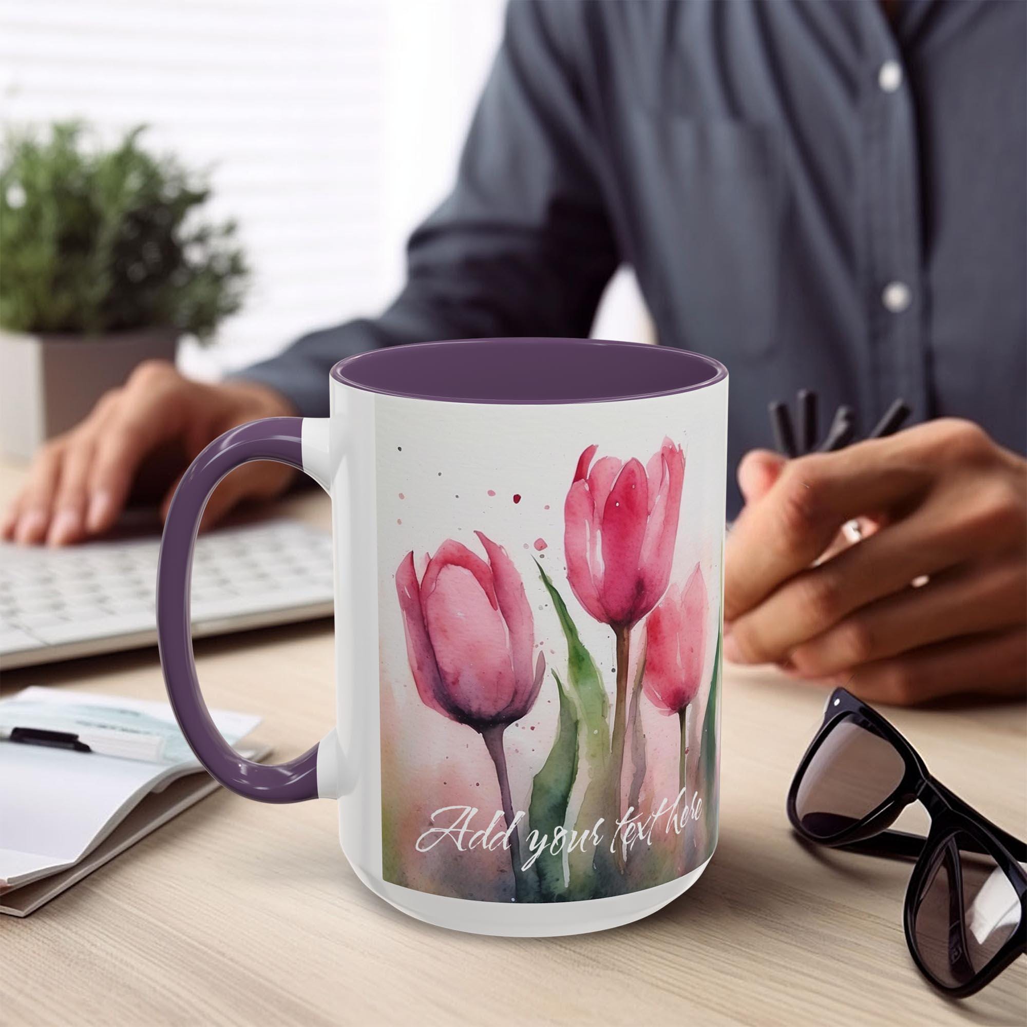 Personalized Tulip Mug, Pink Floral Coffee Cup, Custom Text Gift