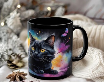 Benutzerdefinierte schwarze Katze und Schmetterlinge Kunst schwarze Keramiktasse, Fantasy Print Name Tasse, personalisieren schwarze Katze Teetassen, spielerische Kitty Tassen