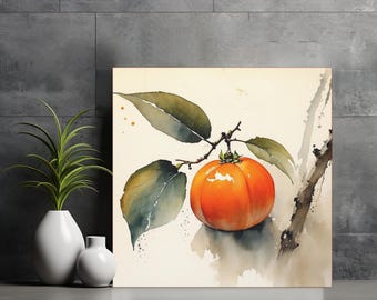 May include: A square canvas print featuring a watercolor painting of a single bright orange persimmon hanging from a brown branch with several large, muted green leaves, set against a light cream background with subtle paint splatters.