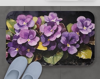 Violet Memory Foam Bath Mat, Flower Art Non Slip Bathroom Rug, Unique Home Accent Decor, Housewarming Gift
