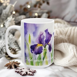 Aangepaste keramische mok irisbloem, paarse bloemenprint naammok, personaliseer aquarel iris koffiekopje, cadeau voor haar, moeder, verjaardag, bestie