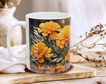 Orange Marigold Flower Coffee Mug, Personalized Name Mug, Unique October Birthday Gift, Marigold Flower Cup, Gift for Mom, Bestie, Grandma