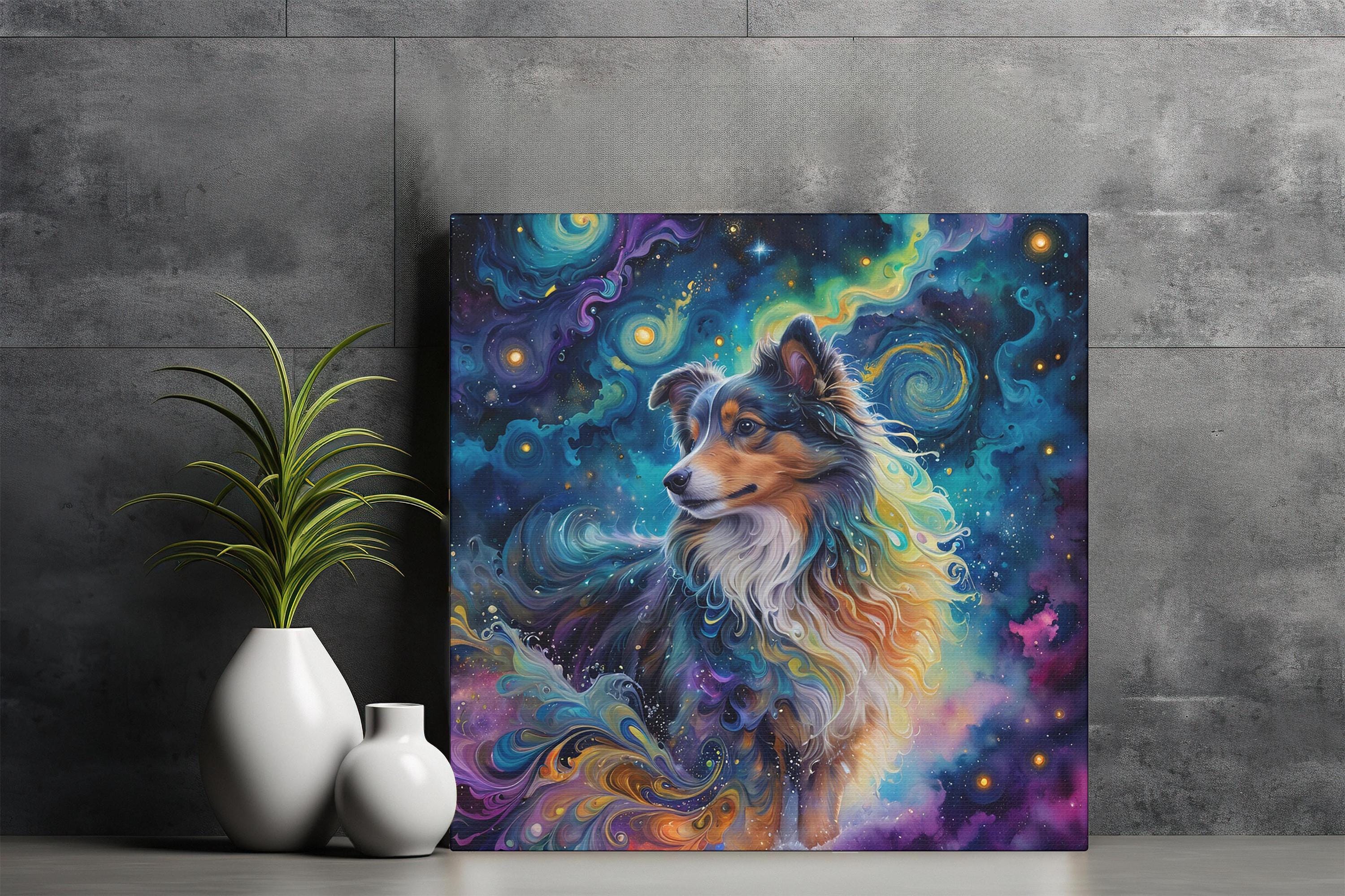 Starry Night Sheltie Wall Art, Van Gogh Inspired Canvas Print, Unique Shetland Sheepdog Home Decor, Dreamy Galaxy Stars Sheltie Art Gift