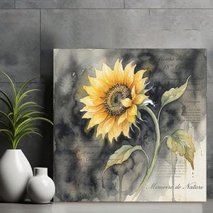 Dark Academia Sunflower Wall Art, Moody Botanical Canvas Print, Vintage Antique Script Floral Decor, Gothic Countryside Art