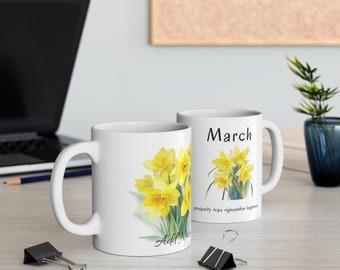 Personalized March Birthday Mug, Custom March Birth Flower Daffodil Ceramic Cup, Spring Birthday Gift, Unique Floral Coffee Cup Gift