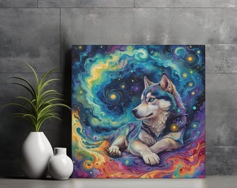 Starry Night Siberian Husky Wall Art, Van Gogh Inspired Canvas Print, Unique Siberian Husky Home Decor, Dreamy Galaxy Stars Husky Art Gift
