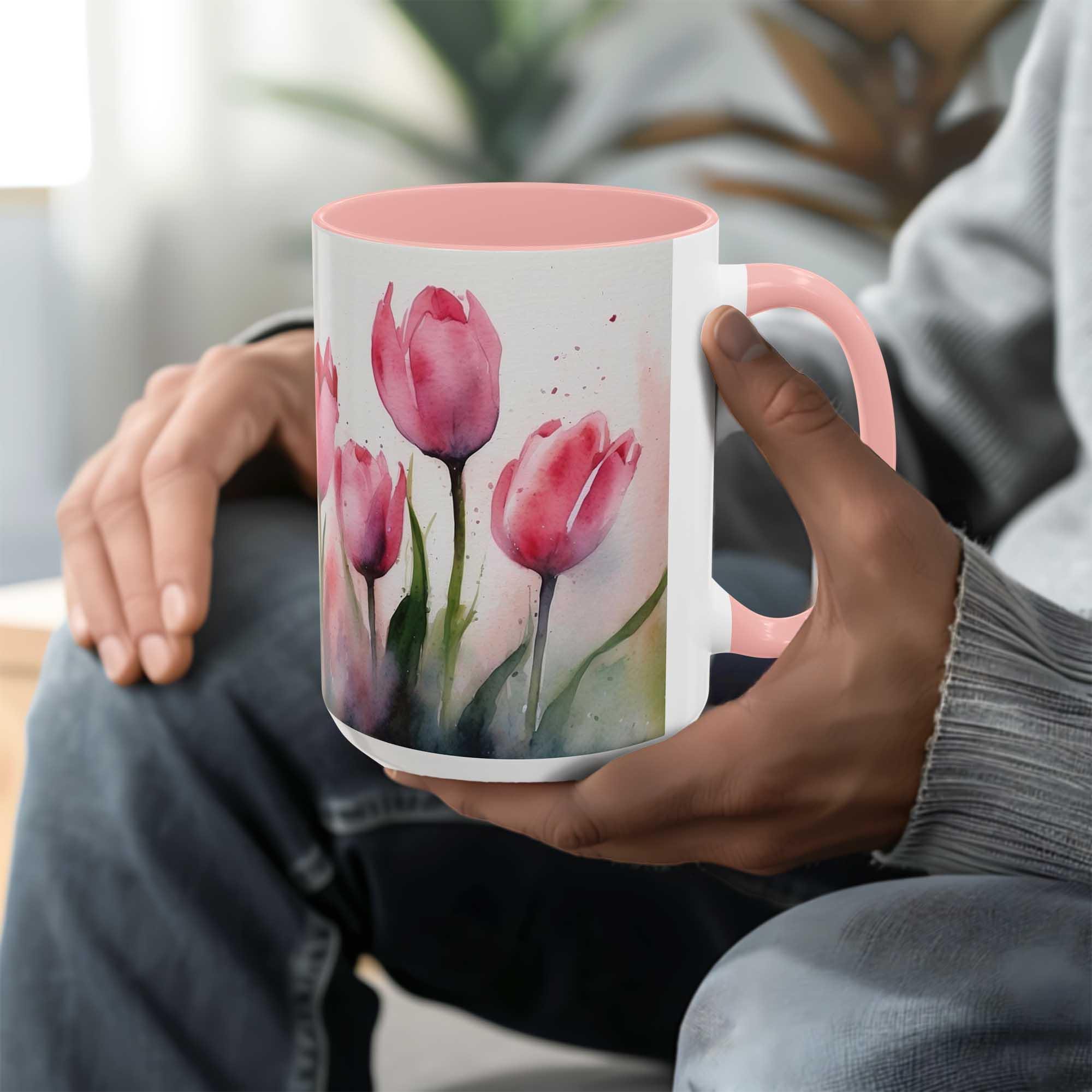 Personalized Tulip Mug, Pink Floral Coffee Cup, Custom Text Gift