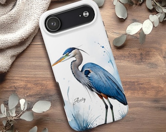 Watercolor Heron Phone Case, Blue Heron Art Phone Cover, Tough Phone Case for iPhone 17 16 15 14 13 12 11 Samsung S25 S24 S23 S22 S21 Model