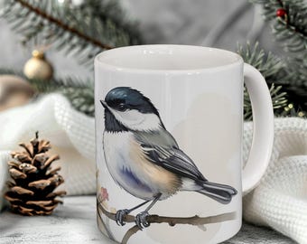 Custom Watercolor Chickadee Ceramic Mug, Chickadee Coffee Cup, Personalize Bird Painting Print Mug, Birdwatcher and Bird Lover Gift