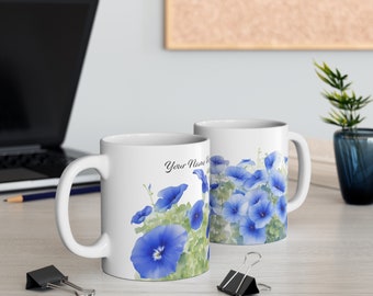 Personalized Blue Morning Glory Flower Ceramic Mug, Collectible Colours of the Rainbow Flower Mug, Customize Watercolour Floral Print Cup