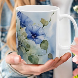 Custom Blue Morning Glory Flower Art Ceramic Coffee Mug, Watercolor Blue Flower Print Name Mug, Personalize Brush Artwork Floral Tea Cup