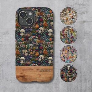 Skull Phone Case Custom Phonecase Name Embroidered Look Phone Casing Skeleton Phonecasing Cottage Core Embroidery Case Spooky Floral Cover