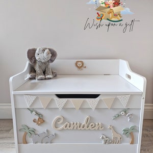 Personalised white wooden toy box. Personalised toy chest. Nursery toy storage. Safari décor