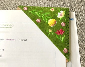 Custom Hand Embroidered Corner Bookmark, Felt Page Marker, Personalized Floral Bookmark, Book Lover Gift