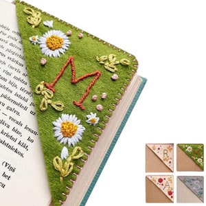 Personalized Hand Embroidered Corner Bookmark Felt Triangle image 1