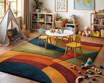 May include: A colorful children's playroom with a large area rug featuring a geometric design in shades of blue, green, orange, and red. The room includes a small white table, chairs, a teepee, and wooden toys, creating a playful atmosphere.