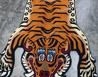 Hand Tufted Rug, Tibetan Tiger Rug, brown tiger Rug, Tiger Rug Bhutan, tiger runner rug, tiger area rug, bengal tiger rug, tiger rug,