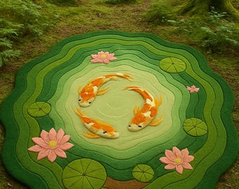 Hand-Tufted Koi Pond Rug – 3D Nature-Inspired Carpet with Lotus Flowers & Fish Design | Unique Living Room, Kid Room and Meditation Decor