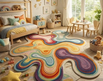 Hand Tufted Kids Room Rug, Colorful Abstract Shape Rug, Playroom Nursery Carpet, Soft Modern Kids Area Rug