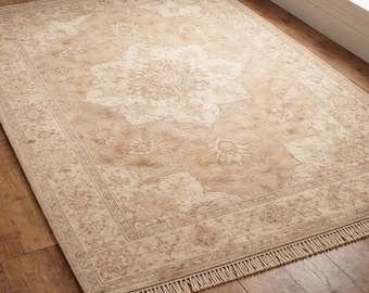 Alfombra Oushak, alfombra anudada a mano, alfombra de lana beige, alfombra turca, alfombra vintage, alfombra neutra, alfombra de área, alfombra de sala de estar, alfombra de lana, alfombra hecha a mano,