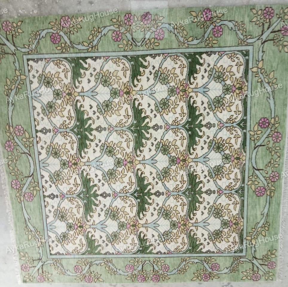 Hand Knotted Oushak Rug 9X9, Vintage Floral Wool Rug, Green Beige Area ...