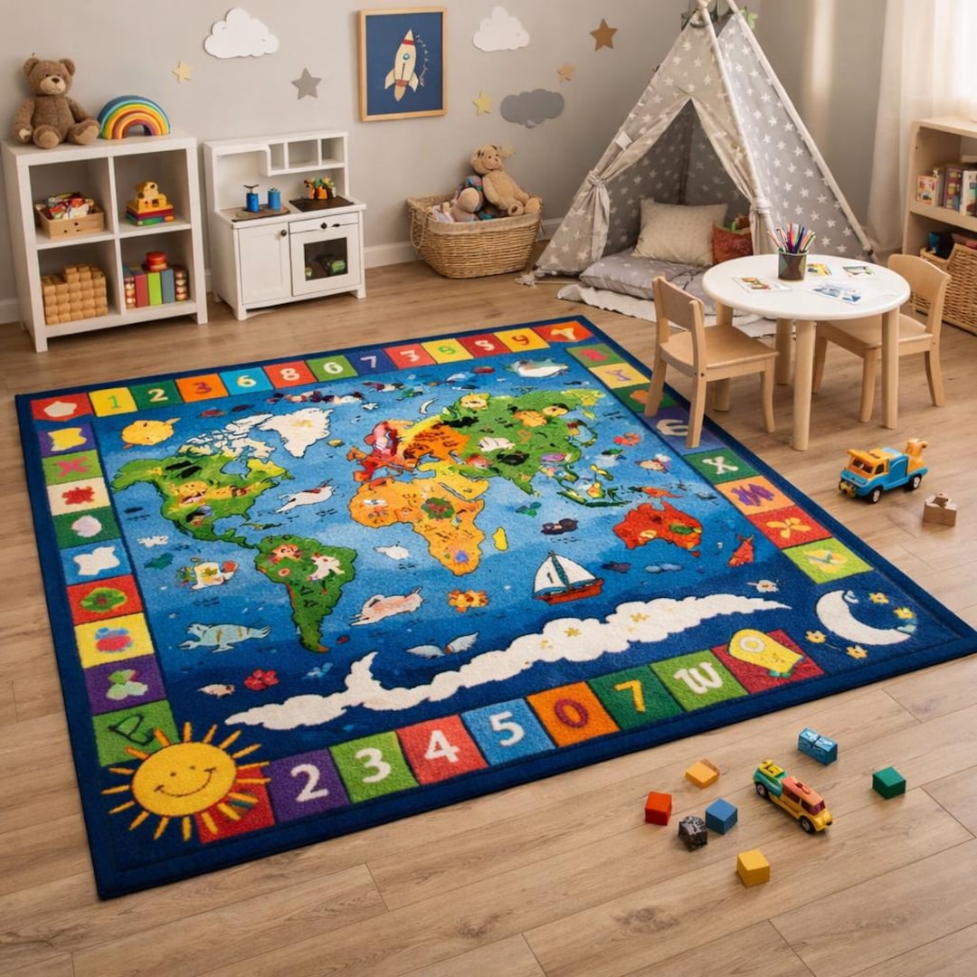 Kids Playroom Rug | Educational World Map Carpet | Soft Area Rug for ...
