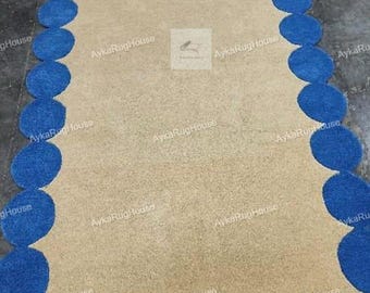 Hand Tufted Rug Scalloped Blue Squiggle Rug 9x12 Wool Rug Use for Bedroom | Living Room | Hallway | Kid Room Rug All Custom Size Available,
