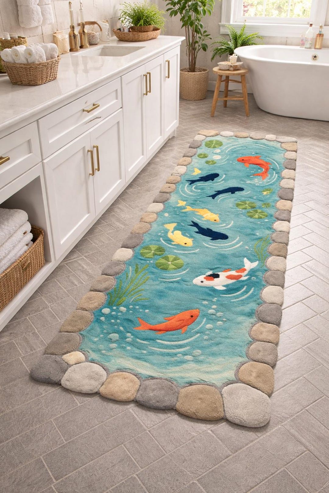 Koi Pond Runner Rug 2.5x14, Fish Bathroom Runner, Hand Tufted Aqua Blue ...