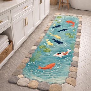 Könnte beinhalten: Ein rechteckiger Teppich mit einem Teichdesign mit Koi-Fischen in Orange-, Schwarz-, Weiß- und Gelbtönen. Der Teppich hat einen blauen Hintergrund mit Seerosen und ist von einem steinartigen Muster umrandet.