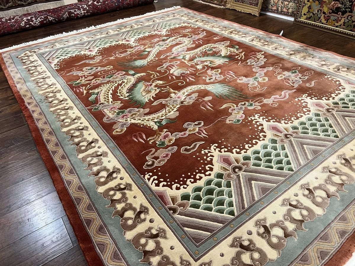 Red Chinese Wool Rug With Dragons 9x12 Art Deco Oriental Carpet 90 Line ...